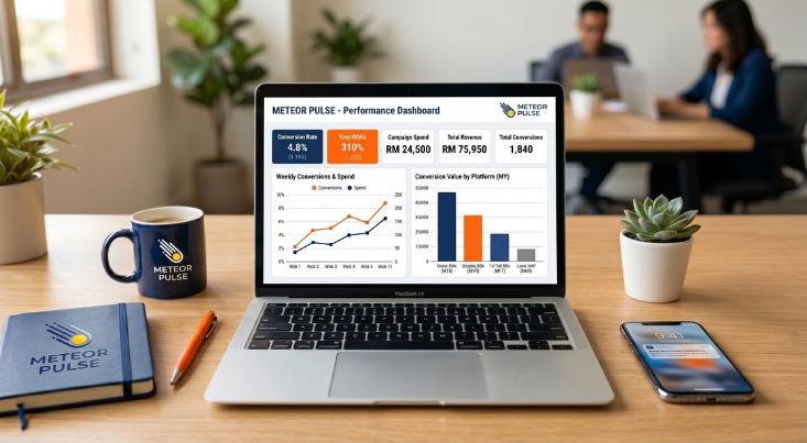 Performance marketing dashboard showing campaign metrics and ROI for a Malaysian business